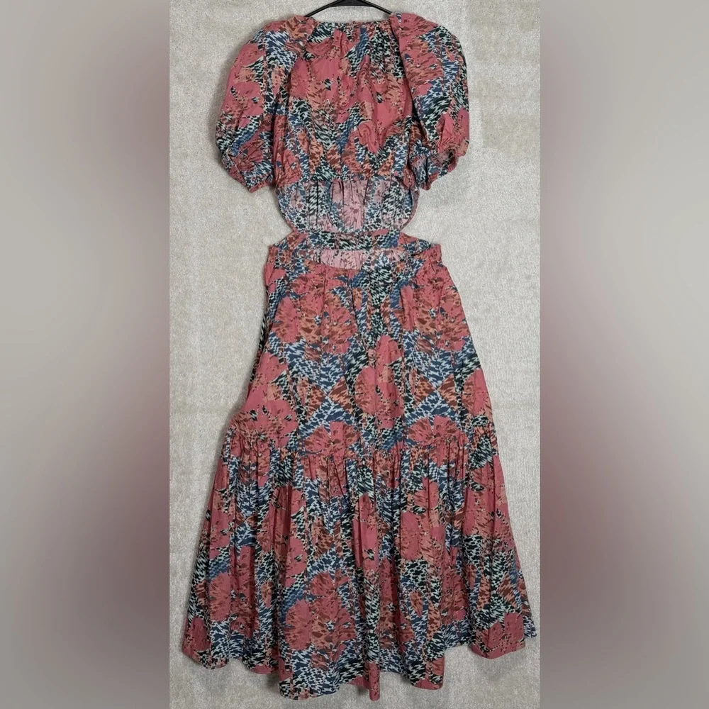 Ulla Johnson Coral and Blue Asymmetrical Floral Midi Dress - Picture 7 of 16